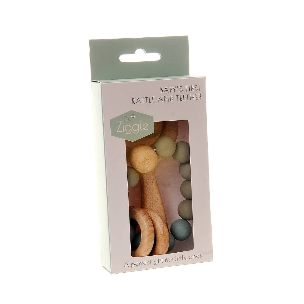 Ziggle Wooden teether and rattle in blue grey