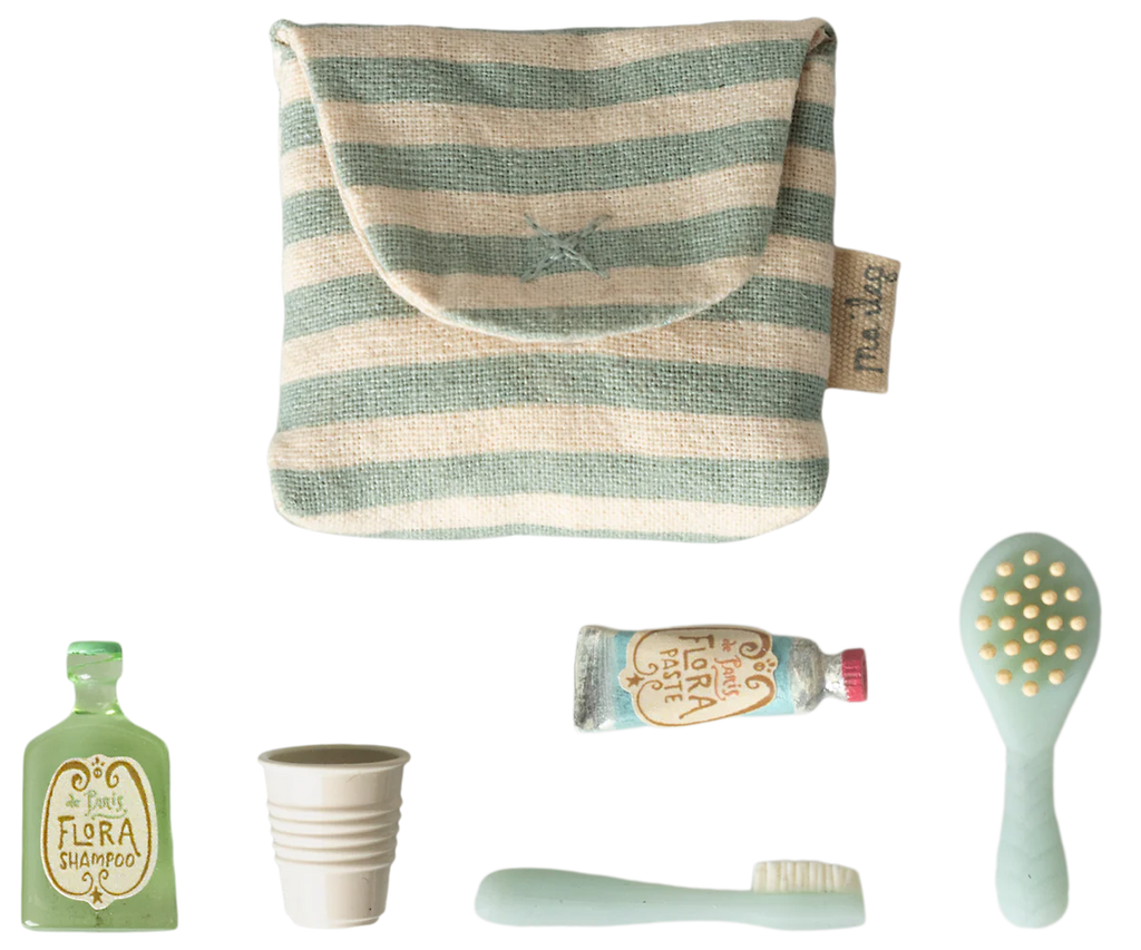 Maileg,Toothbrush set in bag, Mouse - Blue stripe