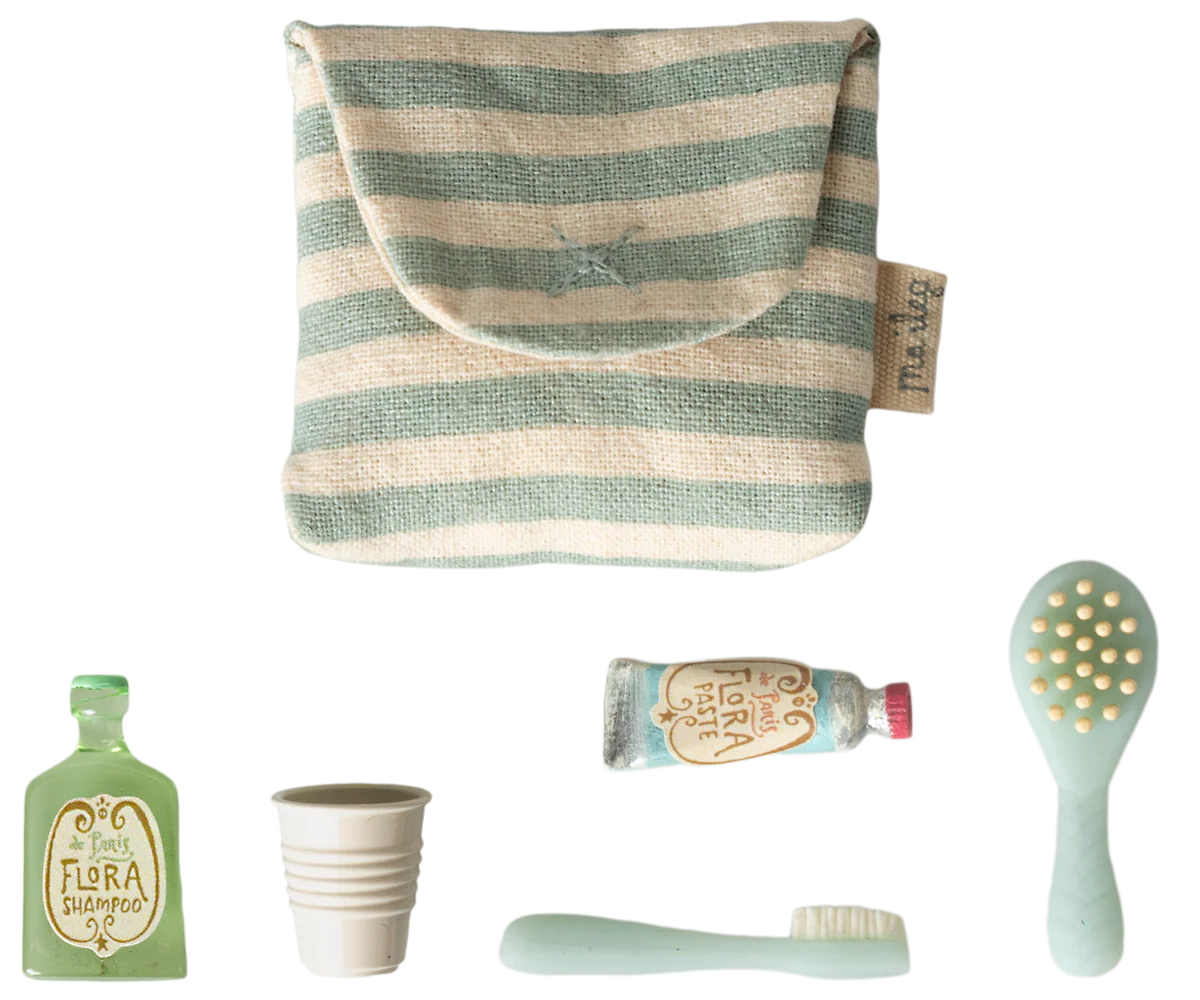 Maileg,Toothbrush set in bag, Mouse - Blue stripe