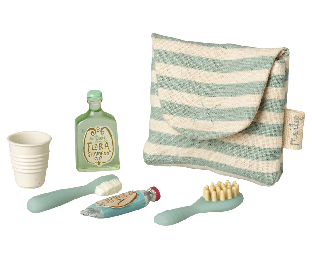 Maileg,Toothbrush set in bag, Mouse - Blue stripe