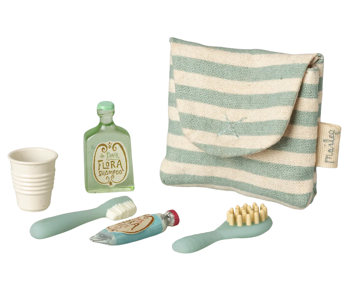 Maileg,Toothbrush set in bag, Mouse - Blue stripe