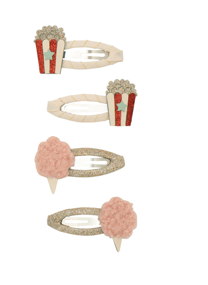 Shop MIMI & LULA Popcorn & Candy Floss Hair Clips. Fun padded toppers on grosgrain ribbon clic-clac clips. Cute, colourful kids' hair accessories set of 4.