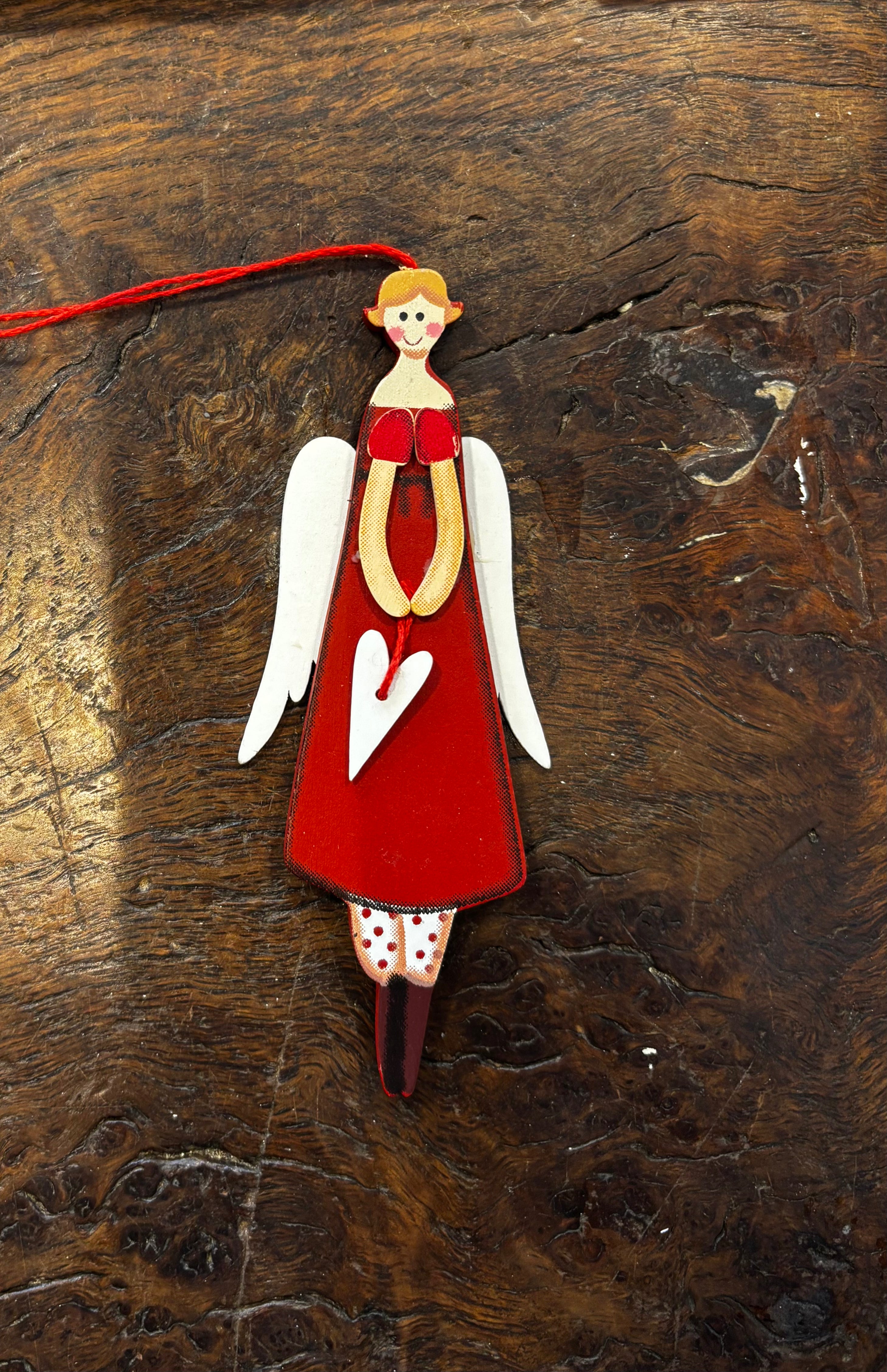 Wooden Red Angel Christmas Ornament