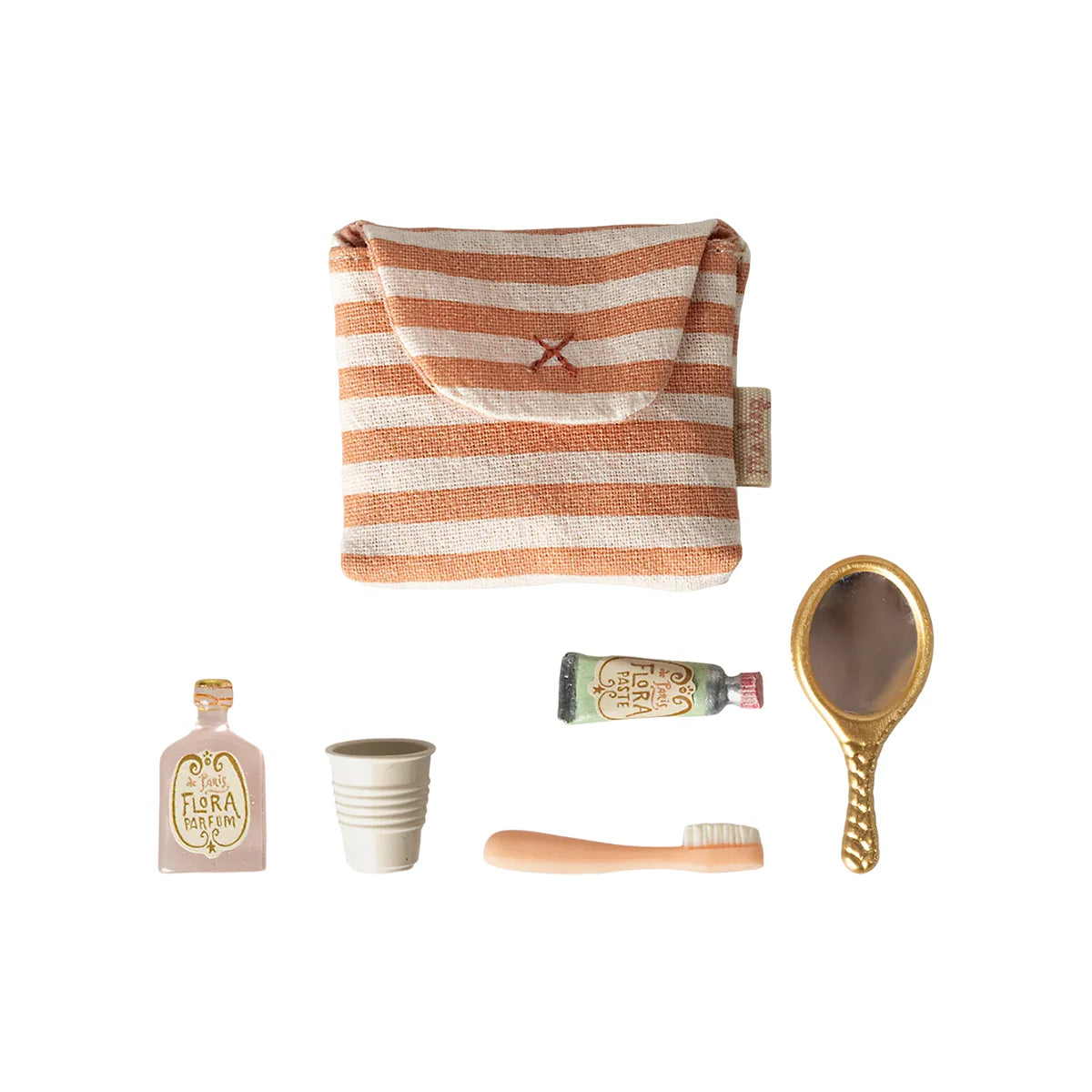 Maileg Toiletry bag set in bag, Mouse size Coral