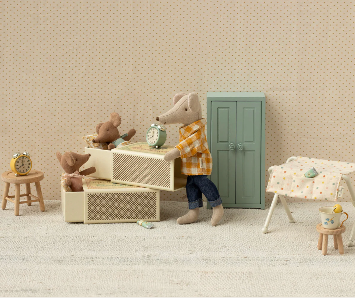 Maileg Sleepy Wakey Baby Mouse in Matchbox in Blue