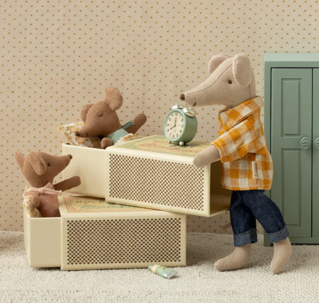 Maileg Sleepy Wakey Baby Mouse in Matchbox in Rose