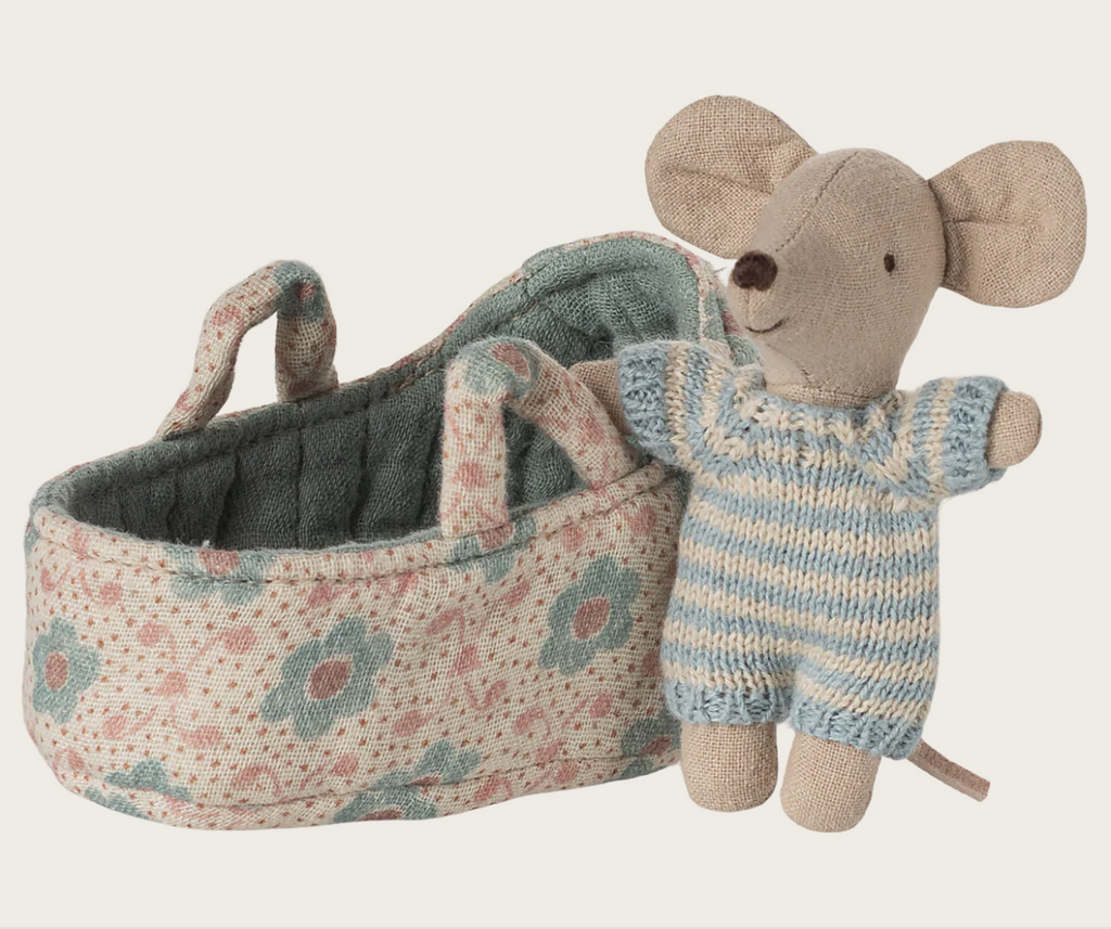 Maileg Baby Mouse in CarryCot blue