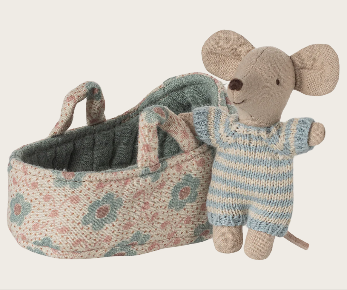 Maileg Baby Mouse in CarryCot blue