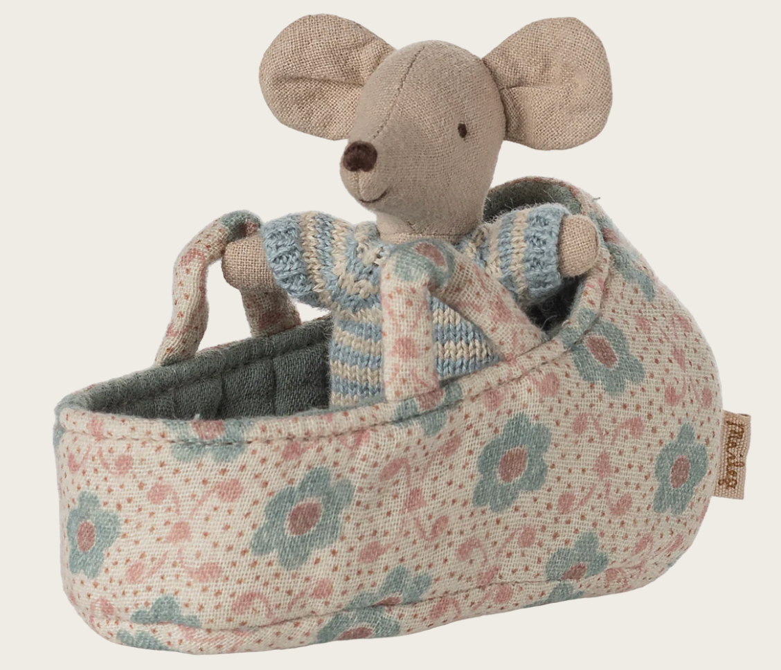Maileg Baby Mouse in CarryCot blue