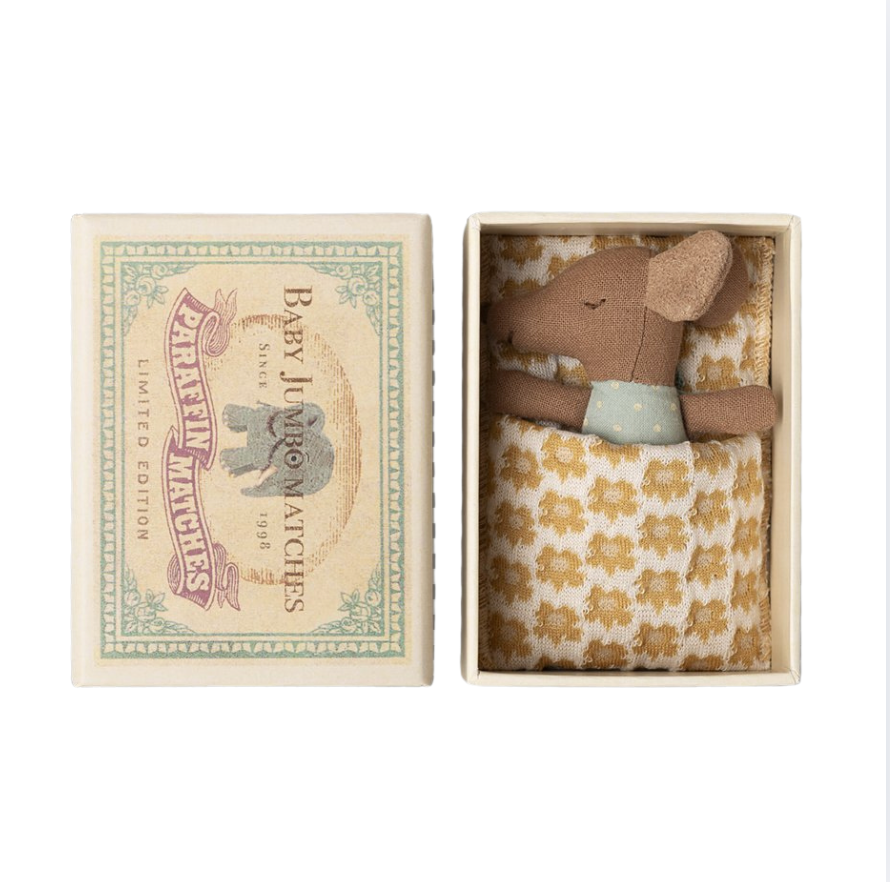 Maileg Sleepy Wakey Baby Mouse in Matchbox in Blue
