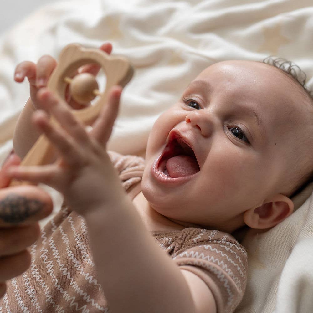 Ziggle Wooden teether and rattle in blue grey