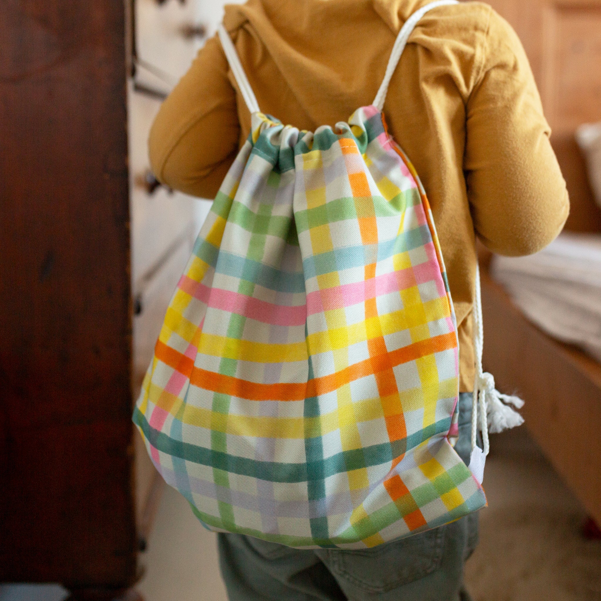 Plewsy. Drawstring Bag-Bright Check